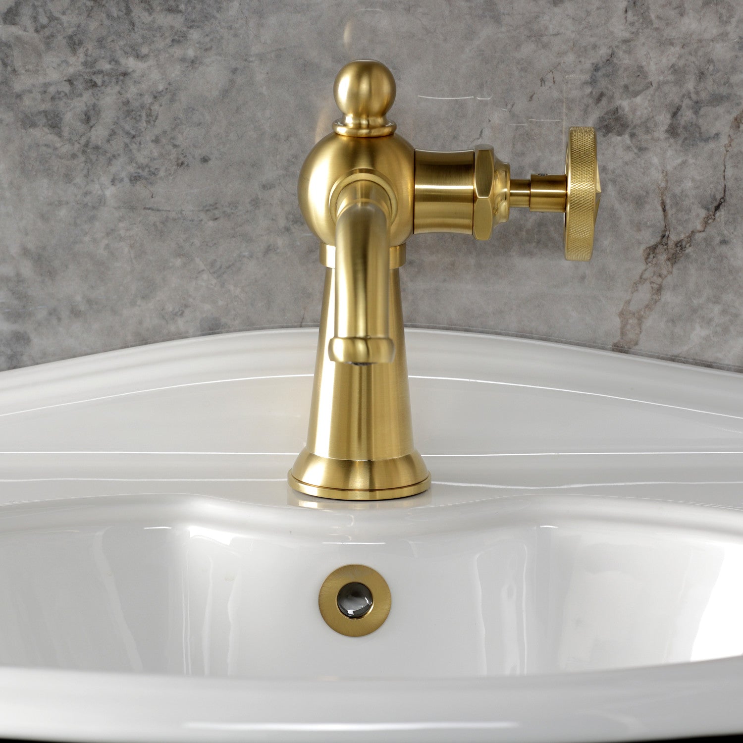 Kingston Tulare KS3547RNX - Ostro One-Handle 1-Hole Bathroom Faucet with Push Pop-Up Drain, Brushed Brass — thumbnail 3